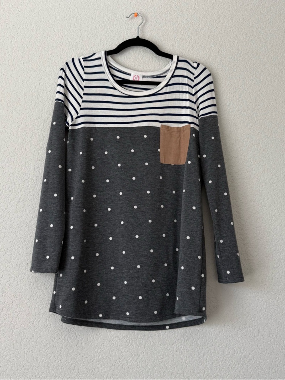 Wanna B Polka Dot & Navy Striped Long Sleeve Top with Tan Pocket